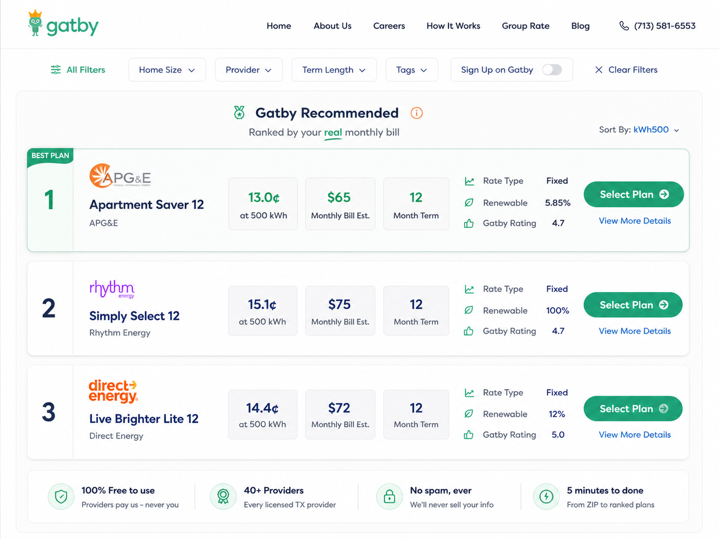 Gatby marketplace showing ranked plans in one place
